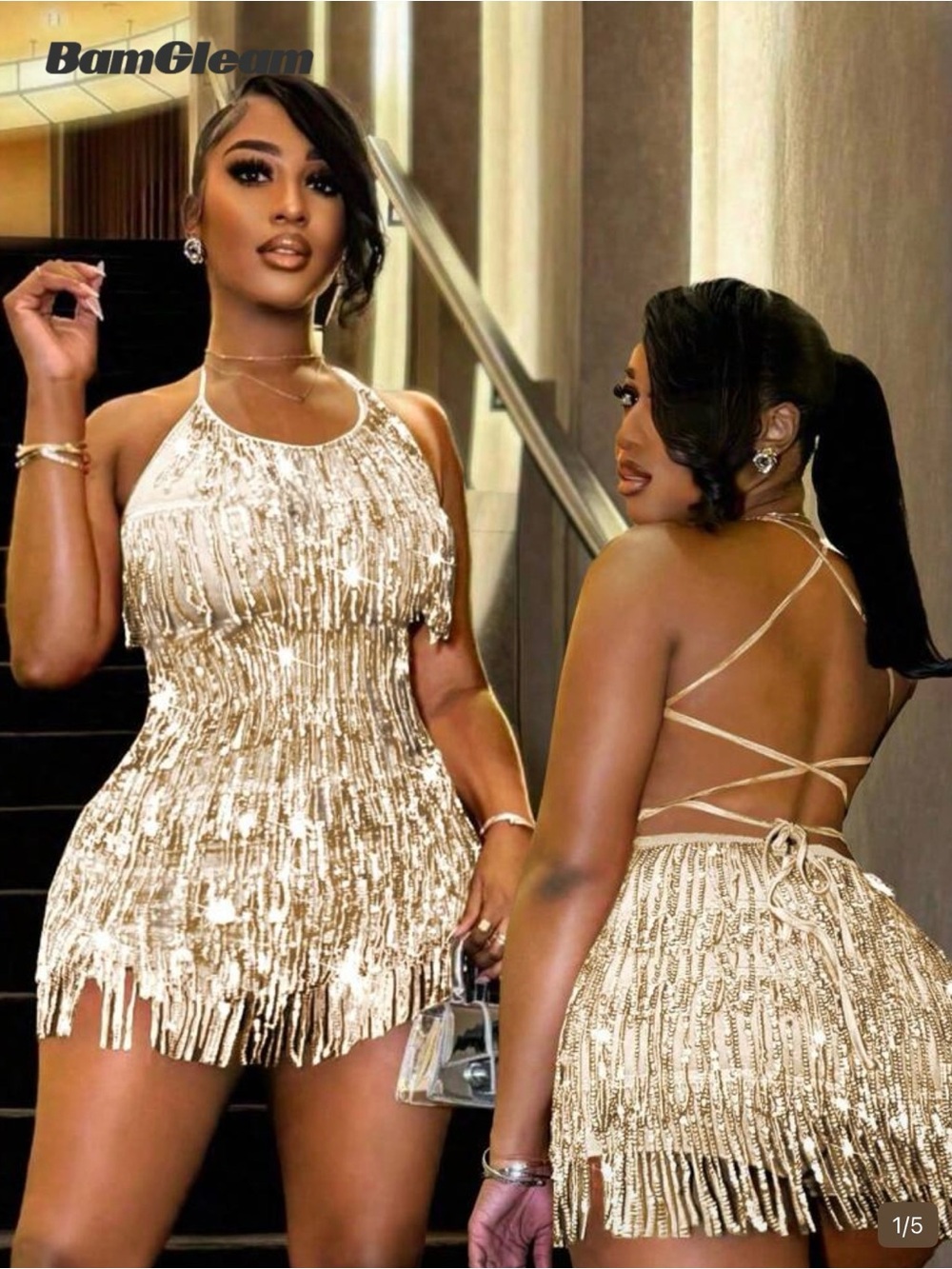 Gold Sequin Fringe Halter Mini Dress by